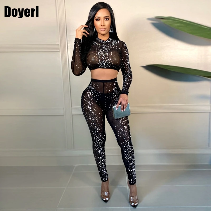 

Sexy Mesh See Through Two Piece Set Women Outfits Sparkly Rhinestone Crop Top and Leggings Set Fall Matching Sets Party Clubwear
