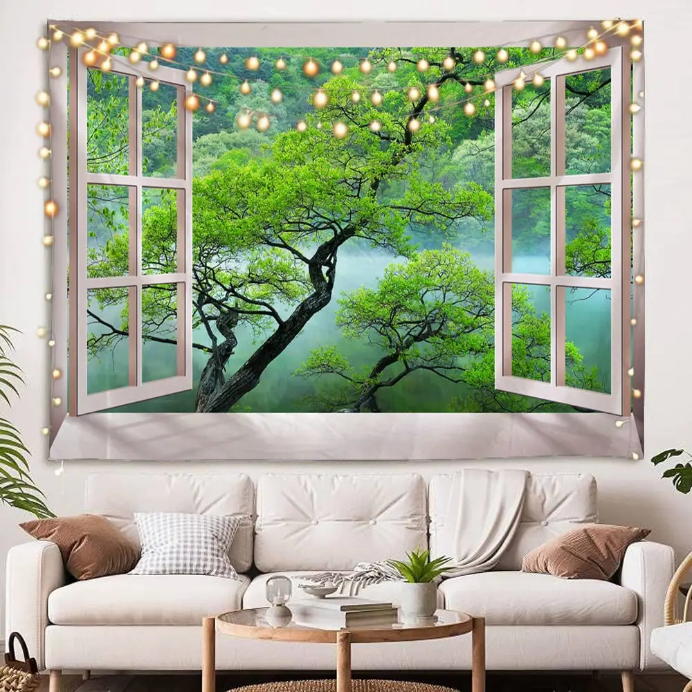 

Window Tapestry, Green Forest Jungle Waterfall Lake Scene Tapestry Nature Landscape Fabric Wall Hanging for Bedroom Living Room