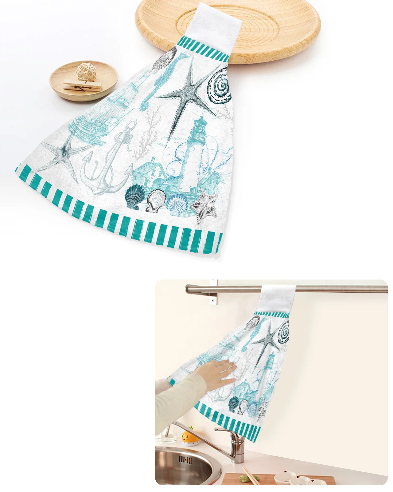 

Marine Texture Shells Starfish Lighthouse Anchor Hand Towels Kitchen Bathroom Hanging Dishcloths Absorbent Custom Wipe Towel