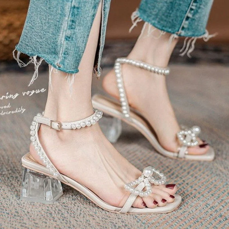 

FHANCHU 2023 New Women Sandals,Crystal Heel,Pearls Summer Shoes,Square Toe,Ankle Buckle Strap,Korea Style,Beige,Dropship