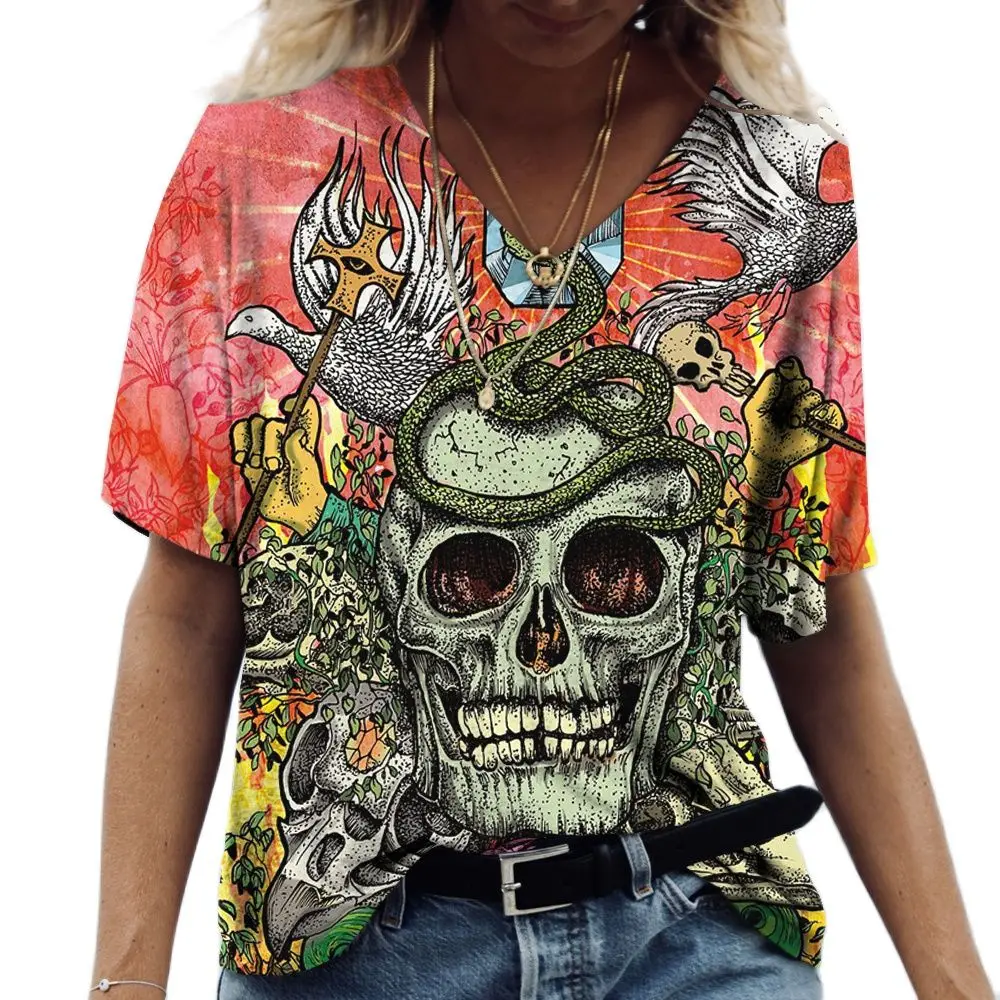 Terror Skull Print T Shirt Street Hip Hop Style Women Tops Fashion V-neck Oversized Short Sleeve Tees Summer Breathable Pullover
Terror Skull Print T Shirt Street Hip Hop Style Women Tops Fashion V-neck Oversized Short Sleeve Tees Summer Breathable Pullover
