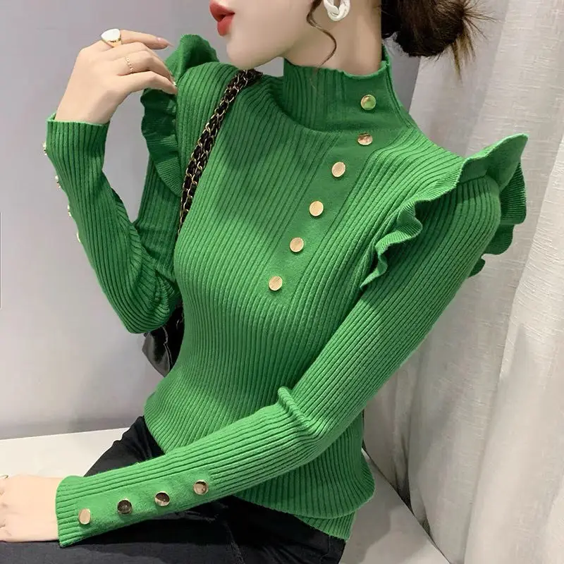 

Women's Sweater Autumn Winter Lady Graceful Ruffle Mock Neck Solid Color Knit Pullover Fashion Joker Warm Knitwear Tops Female