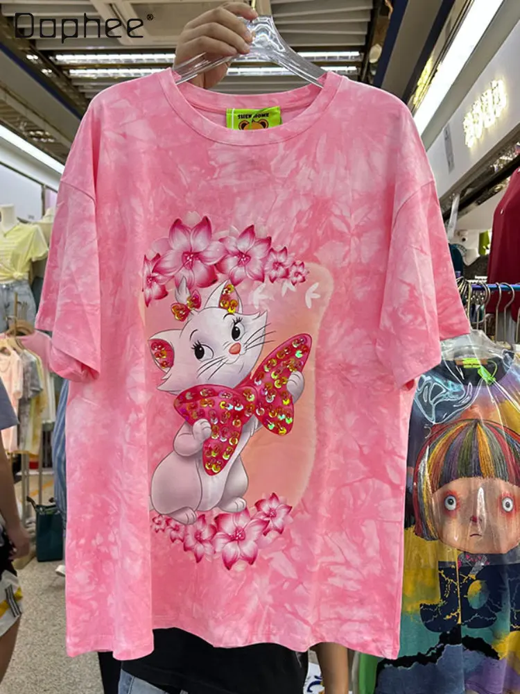 Fashionable Tie-Dyed Sequined Cartoon Printed Short-Sleeved T-shirt for Women 2023 Summer New Loose Pullover Tops Female Student
Fashionable Tie-Dyed Sequined Cartoon Printed Short-Sleeved T-shirt for Women 2023 Summer New Loose Pullover Tops Female Student
