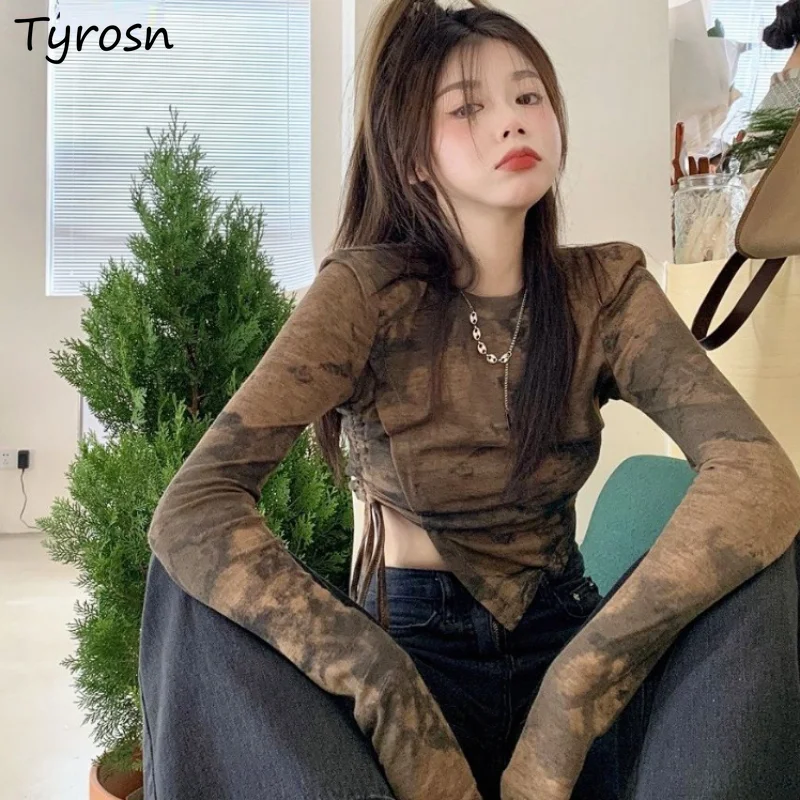 T-shirts Women Slim Design Fashion Summer Long Sleeve Shirring Simple All-match Tie Dye Leisure O-neck Retro Korean Style Sexy 
T-shirts Women Slim Design Fashion Summer Long Sleeve Shirring Simple All-match Tie Dye Leisure O-neck Retro Korean Style Sexy