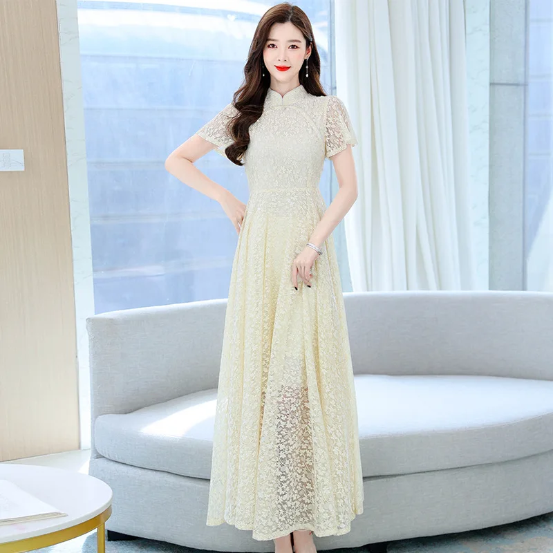 Лето 2023, элегантное французское модное кружевное стильное модное платье средней длины с воротником-стойкой, женская одежда