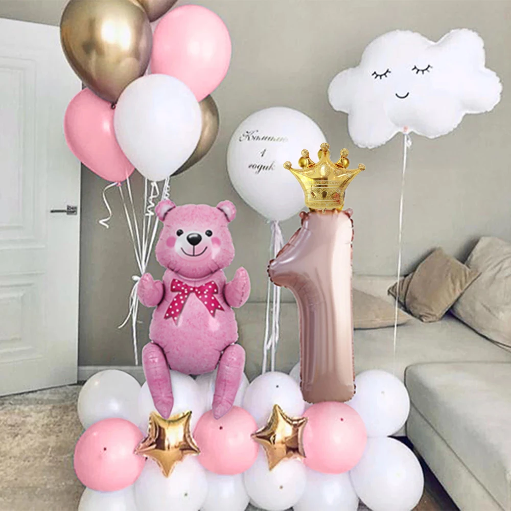 

36inch Crown Number 1 Balloon Blue Pink Bear Balloons Set Baby Girl Boy 1St First Birthday Party Decorations Baby Shower Globos