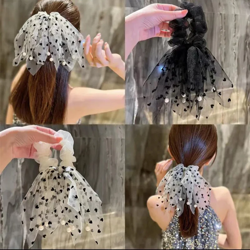 

Korea Net Yarn Heart Polka Dot Mesh Hair Rope Bow Long Ribbon Hair Scrunchies Elastic Hair Bands Women Hair Ties Hair Accessoris