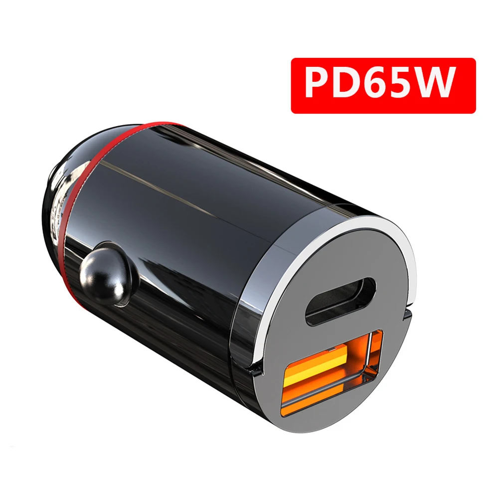 

1pc Black Dual USB QC3.0 PD Car Phone Charger With 65W Fast Charge Adapter-Accessories Built-in LED Indicator DC 12-24V