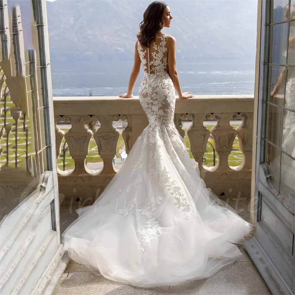 Sexy Tulle Illusion Wedding Dresses Elegant Mermaid Lace Appliques Bridal Dress Court Train Robe Trumpet Bride Gown 
Sexy Tulle Illusion Wedding Dresses Elegant Mermaid Lace Appliques Bridal Dress Court Train Robe Trumpet Bride Gown