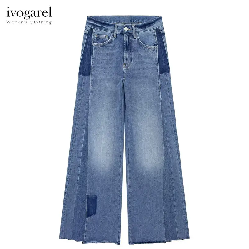 

Ivogarel Trendy Mid-Rise Wide-Leg Jeans Distinctive Women's Ripped Jeans with Patchwork Details Flared Pants Denim Trousers