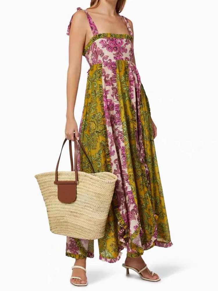 Light luxury high-end women's summer sexy one-shoulder sling color matching backless printing irregular large swing long dress
Light luxury high-end women's summer sexy one-shoulder sling color matching backless printing irregular large swing long dress
