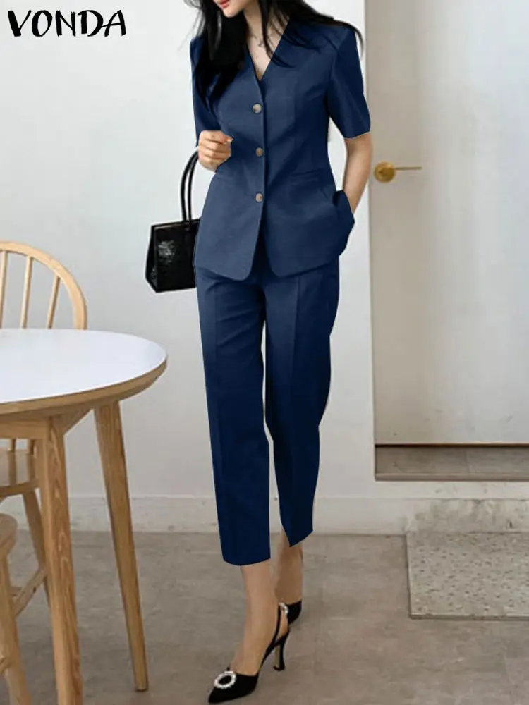 Women 2pcs VONDA Elegant Solid Color Pant Sets 2023 Summer Short Sleeve V-Neck Top and Wide Leg Pants Casual OL Suits Streetwear
Women 2pcs VONDA Elegant Solid Color Pant Sets 2023 Summer Short Sleeve V-Neck Top and Wide Leg Pants Casual OL Suits Streetwear