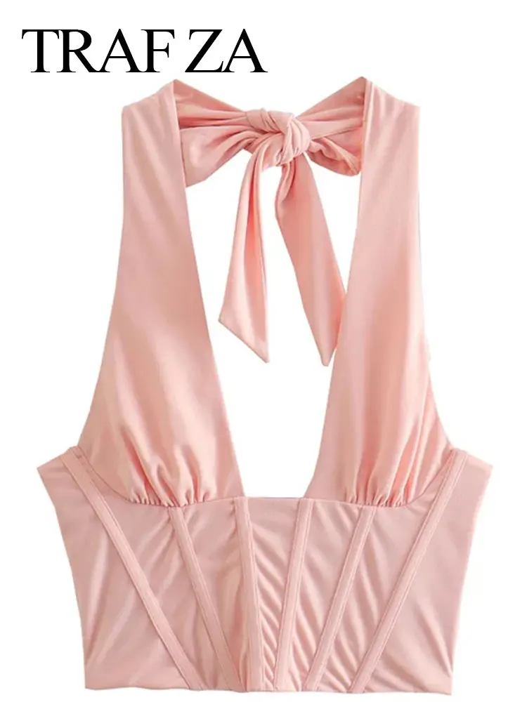 TRAF ZA Hanging Neck Deep V Slim Sexy Pleated Vest Solid Color Sleeveless Open Back Tight Short Top Sweet Cute Beach Summer
TRAF ZA Hanging Neck Deep V Slim Sexy Pleated Vest Solid Color Sleeveless Open Back Tight Short Top Sweet Cute Beach Summer