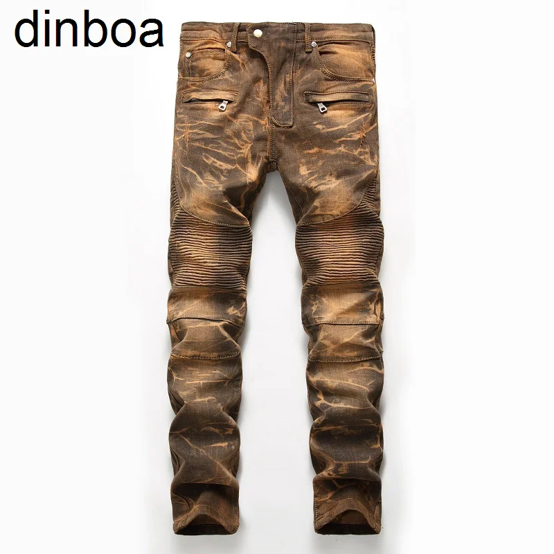 

Dinboa-2022 Men's Slim Fit Straight Moto Biker Y2k Jeans Fashion Nostalgia Retro Pleated Jeans Pants with Zipper Deco 42