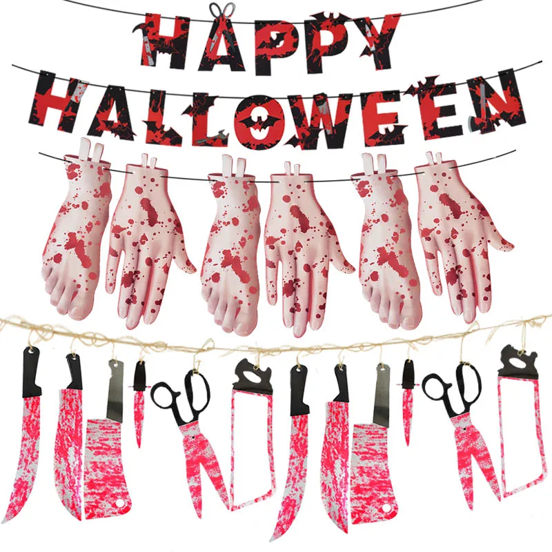 Halloween Bloody Knives Cut Off Hand Feet Paper Banner Pull Flag Blood Glove Knife Tool Party Garland Banner Decoration Supplies
Halloween Bloody Knives Cut Off Hand Feet Paper Banner Pull Flag Blood Glove Knife Tool Party Garland Banner Decoration Supplies