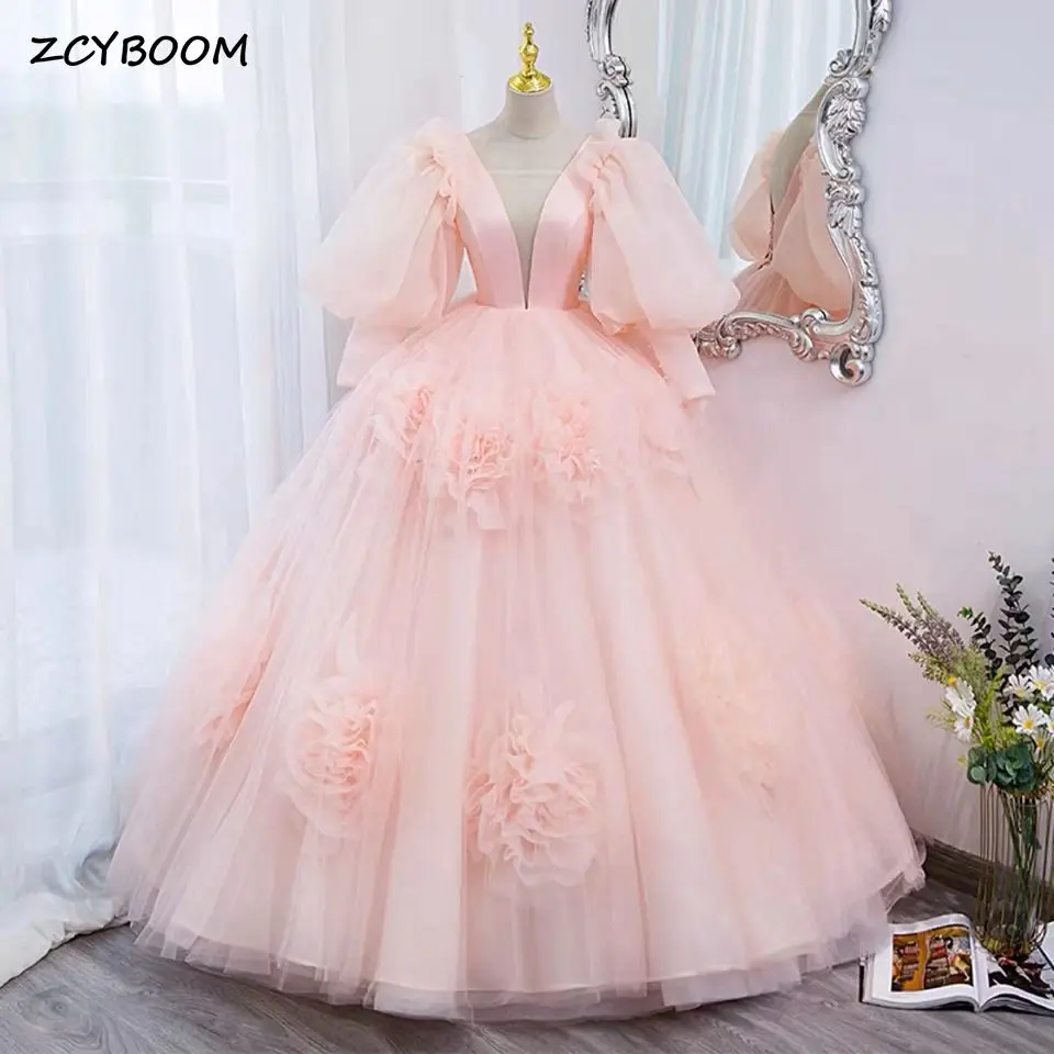 

Charming Light Pink Quinceanera Dresses 2023 Puffy Long Sleeves 3D Floral Appliques Ball Gown Party Princess Vestidos De 15 Años