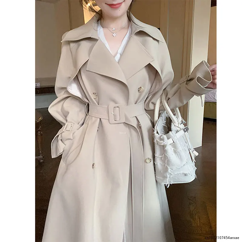 

Women High-end Khaki Trench Coat Spring Autumn New Ladies Cloak Wear A Belt Satin Fabric Lined Trench Coat Female Windbreakers