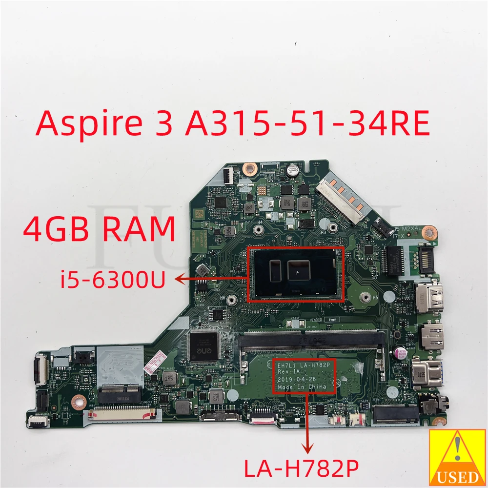 USED Laptop motherboard LA-H782P for ACER Aspire 3 A315-51-34RE WITH i5-6300u 4GB RAM Fully tested 100% work
USED Laptop motherboard LA-H782P for ACER Aspire 3 A315-51-34RE WITH i5-6300u 4GB RAM Fully tested 100% work