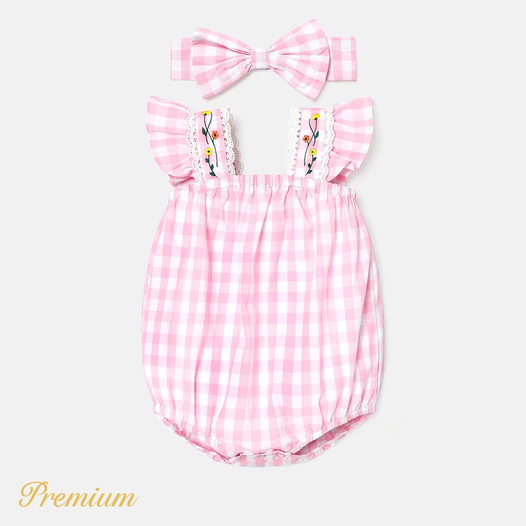 

PatPat 2pcs Baby Girl 100% Cotton Pink Gingham Lace Detail Flutter-sleeve Romper & Headband Set