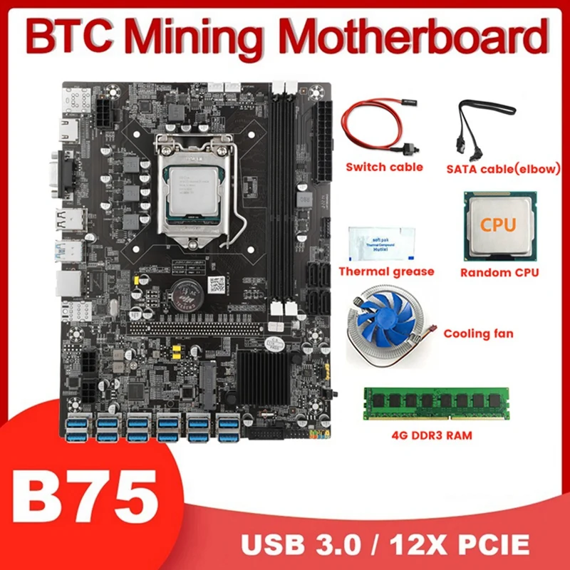 B75 USB BTC Miner Motherboard+CPU+4G DDR3 RAM+Fan+Thermal Grease+SATA Cable+Switch Cable 12 PCIE/USB LGA1155 DDR3 MSATA
B75 USB BTC Miner Motherboard+CPU+4G DDR3 RAM+Fan+Thermal Grease+SATA Cable+Switch Cable 12 PCIE/USB LGA1155 DDR3 MSATA