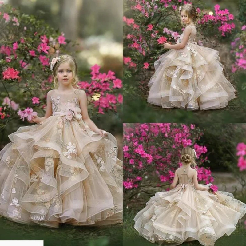 

Champagne Flower Girl Dresses with Sash Lace Appliques Custom Made Ball Gown First Communion Dresses for Girls Elegant Hot Sale