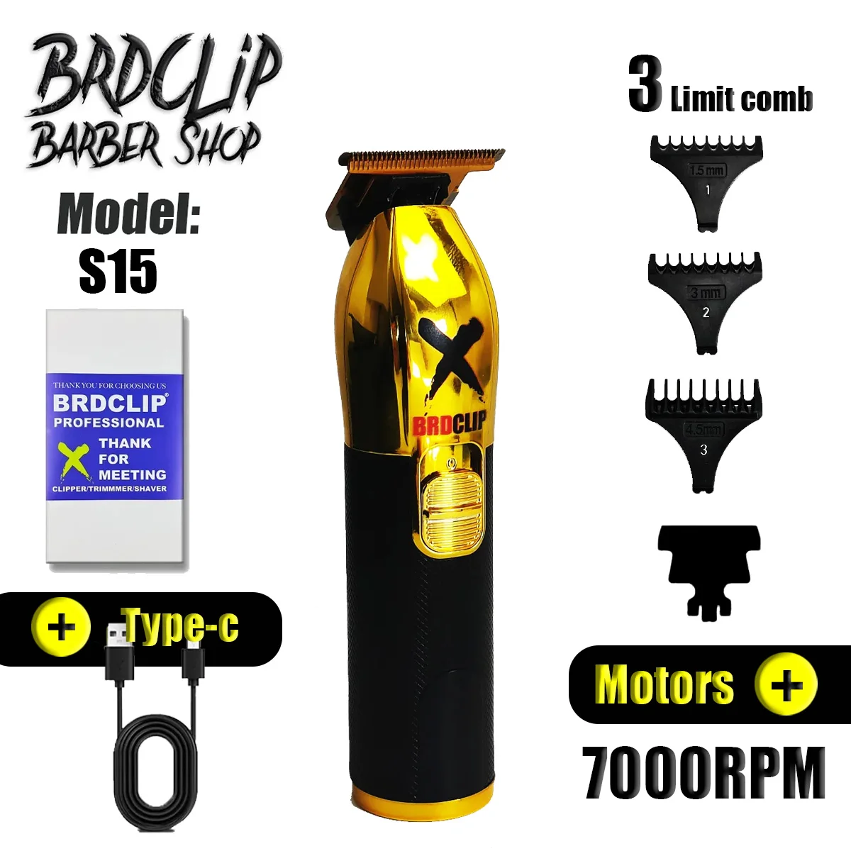 Профессиональный триммер для волос BRDCLIP S15 7000 об./мин. 2 скорости 1200 мАч