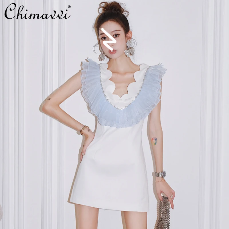 French Beaded Ruffled Contrast Color High Waist Dress 2022 Summer Dresses New Fashion Design White Backless Gauzy Short Dress 
French Beaded Ruffled Contrast Color High Waist Dress 2022 Summer Dresses New Fashion Design White Backless Gauzy Short Dress