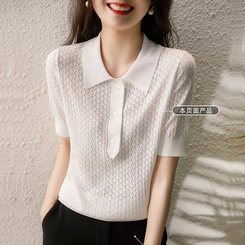 Women 2023 Summer Retro Solid Color Knitted Tops Female Short-sleeved POLO Shirt Ladies Loose Ice Silk Hollow Thin T-shirt A154
Women 2023 Summer Retro Solid Color Knitted Tops Female Short-sleeved POLO Shirt Ladies Loose Ice Silk Hollow Thin T-shirt A154