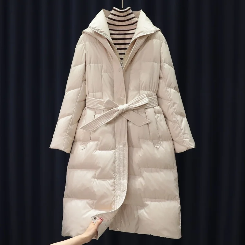 

Женская длинная куртка на белом утином пуху, Толстая теплая куртка с поясом, роскошная облегающая парка с капюшоном, верхняя одежда, новинка зимы 2023