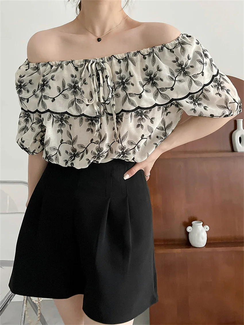 

HziriP M-L Ruffles Slash Neck Sexy Women Blouses 2022 Retro Summer Stylish Office Lady All Match Streetwear Florals New OL