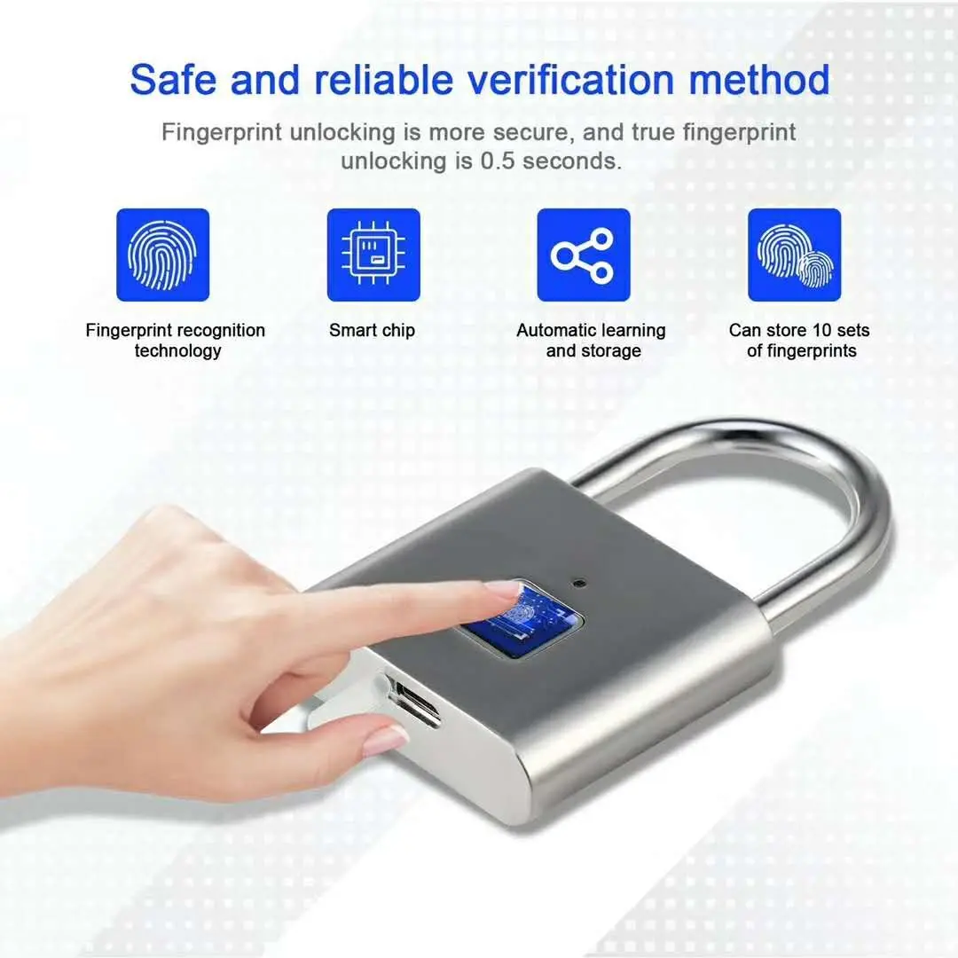 silver Keyless USB Rechargeable Door Lock Fingerprint Smart Padlock Quick Unlock Zinc alloy Metal Self Developing Chip
silver Keyless USB Rechargeable Door Lock Fingerprint Smart Padlock Quick Unlock Zinc alloy Metal Self Developing Chip