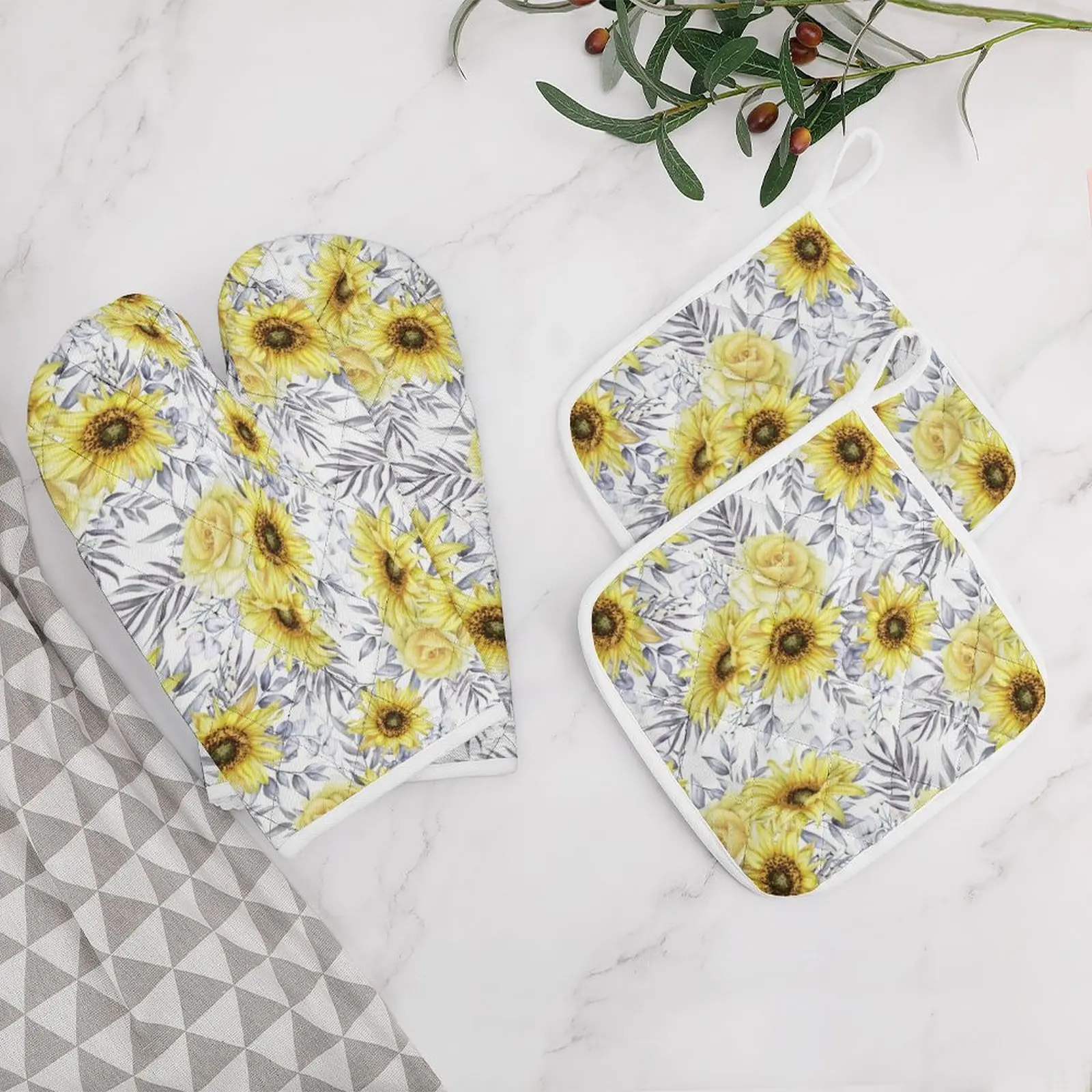Oven Mitts and Pot Holders Set Kitchen Mittens with Potholders Surface for Baking Cooking BBQ Sunflower Pattern
Oven Mitts and Pot Holders Set Kitchen Mittens with Potholders Surface for Baking Cooking BBQ Sunflower Pattern