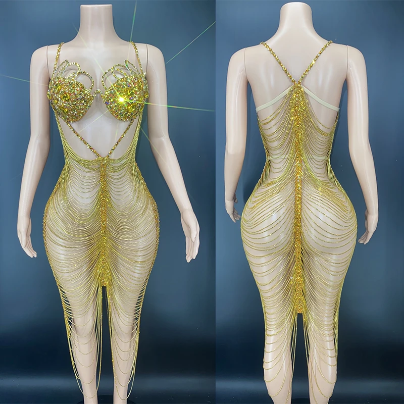 Sexy Hollow Out Golden Rhinestone Chain Dress Stage Costume Female Festival Clothing Birthdayt Party Evening Dresses VDB4804
Sexy Hollow Out Golden Rhinestone Chain Dress Stage Costume Female Festival Clothing Birthdayt Party Evening Dresses VDB4804