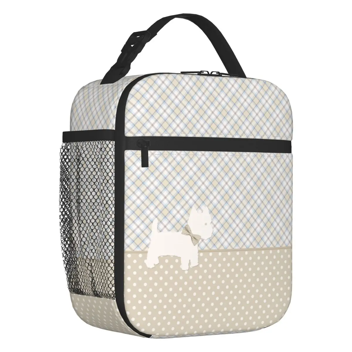 

Cartoon Westie Tartan And Polka Dots Insulated Lunch Bags West Highland White Terrier Dog Leakproof Thermal Cooler Lunch Box