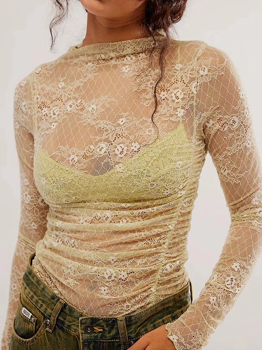 New Women Long Sleeve Tops Sheer Floral Lace Ruched Basic Shirt Casual Pullover For Fall Club Streetwear Aesthetic Clothes 
New Women Long Sleeve Tops Sheer Floral Lace Ruched Basic Shirt Casual Pullover For Fall Club Streetwear Aesthetic Clothes