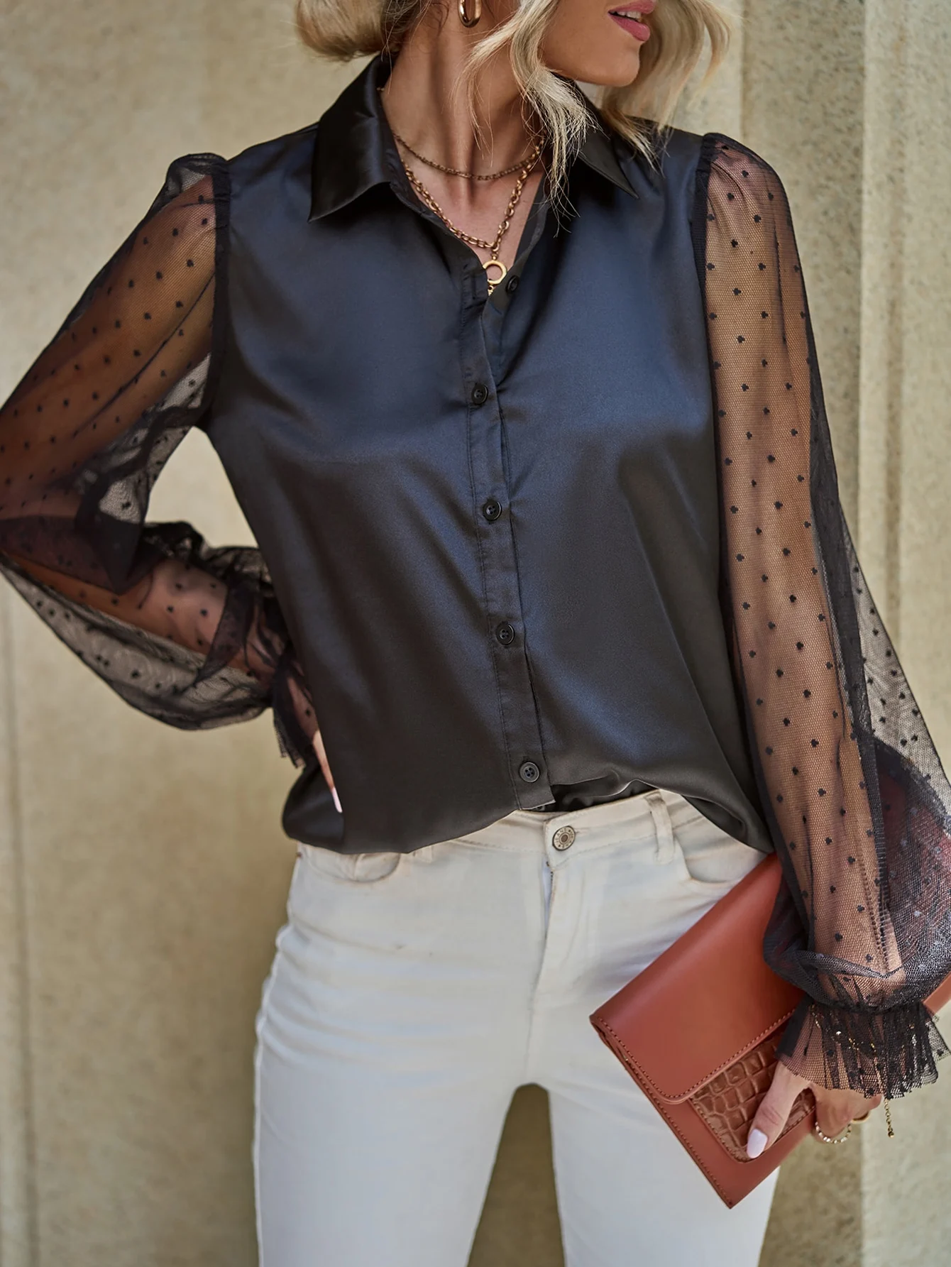 Finjani Women's Blouse Clasi Contrast Mesh Lantern Sleeve Dot Shirt Button Front Shirts For Autumn 2023 New
Finjani Women's Blouse Clasi Contrast Mesh Lantern Sleeve Dot Shirt Button Front Shirts For Autumn 2023 New