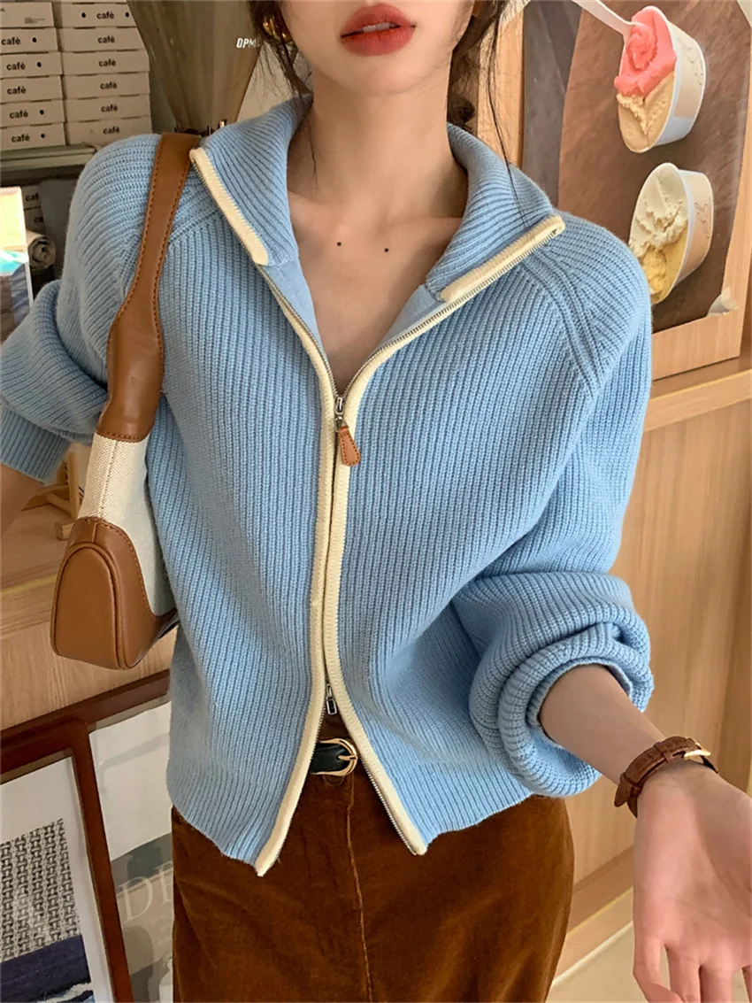 Женский трикотажный свитер на молнии, голубой Кардиган с длинным рукавом, весна 2023 
Женский трикотажный свитер на молнии, голубой Кардиган с длинным рукавом, весна 2023