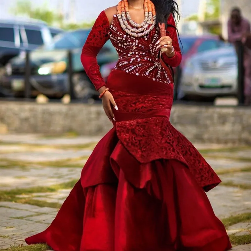 

2022 Long Sleeves Aso Ebi Style Evening Dresses for Women Party Sheer Neck Crystal Beaded Lace African Burgundy Prom Gowns