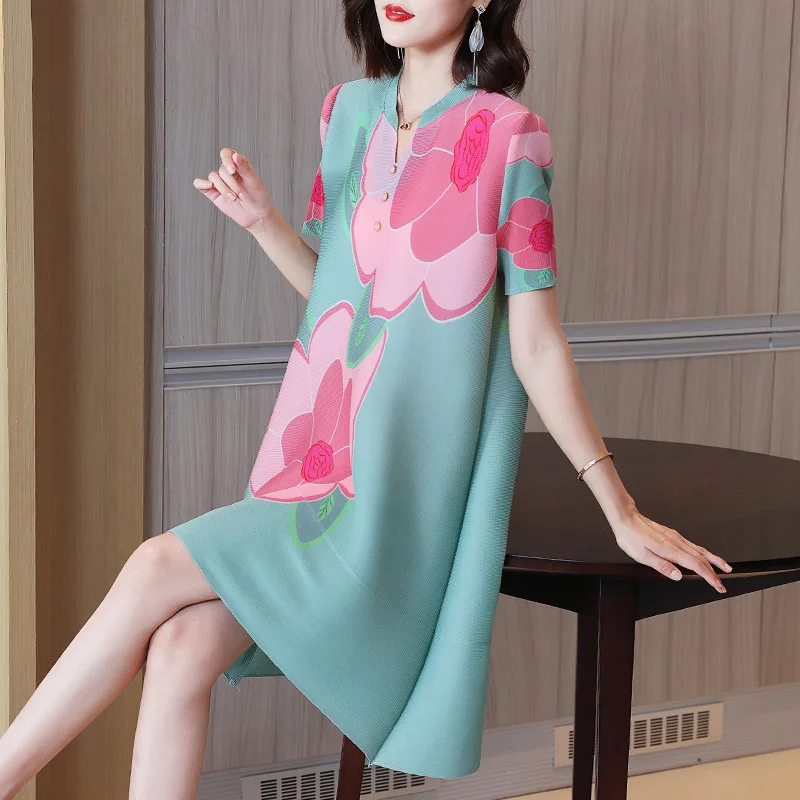 Dress Summer For Women 45-75kg V Neck Short Sleeved Elastic Miyake Pleated Clothing Loose Printed A Line Knee Length
Dress Summer For Women 45-75kg V Neck Short Sleeved Elastic Miyake Pleated Clothing Loose Printed A Line Knee Length