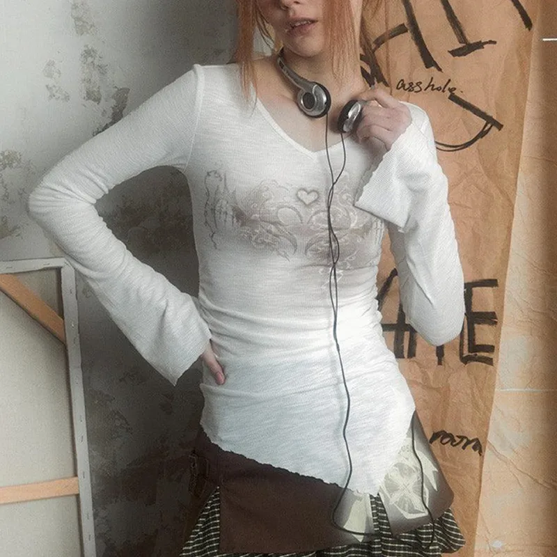 Женская Асимметричная футболка Gaono, винтажная Сетчатая футболка с длинным рукавом и графическим принтом в стиле гранж Y2K 
Женская Асимметричная футболка Gaono, винтажная Сетчатая футболка с длинным рукавом и графическим принтом в стиле гранж Y2K