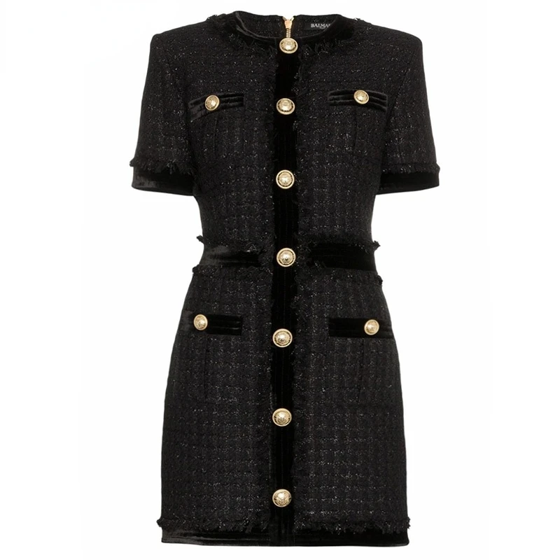 Luxury Design Women Chic Stylish Short Sleeve Buttons Tweed Straight Mini Skinny Dress Tassel Patchwork Dresses
Luxury Design Women Chic Stylish Short Sleeve Buttons Tweed Straight Mini Skinny Dress Tassel Patchwork Dresses