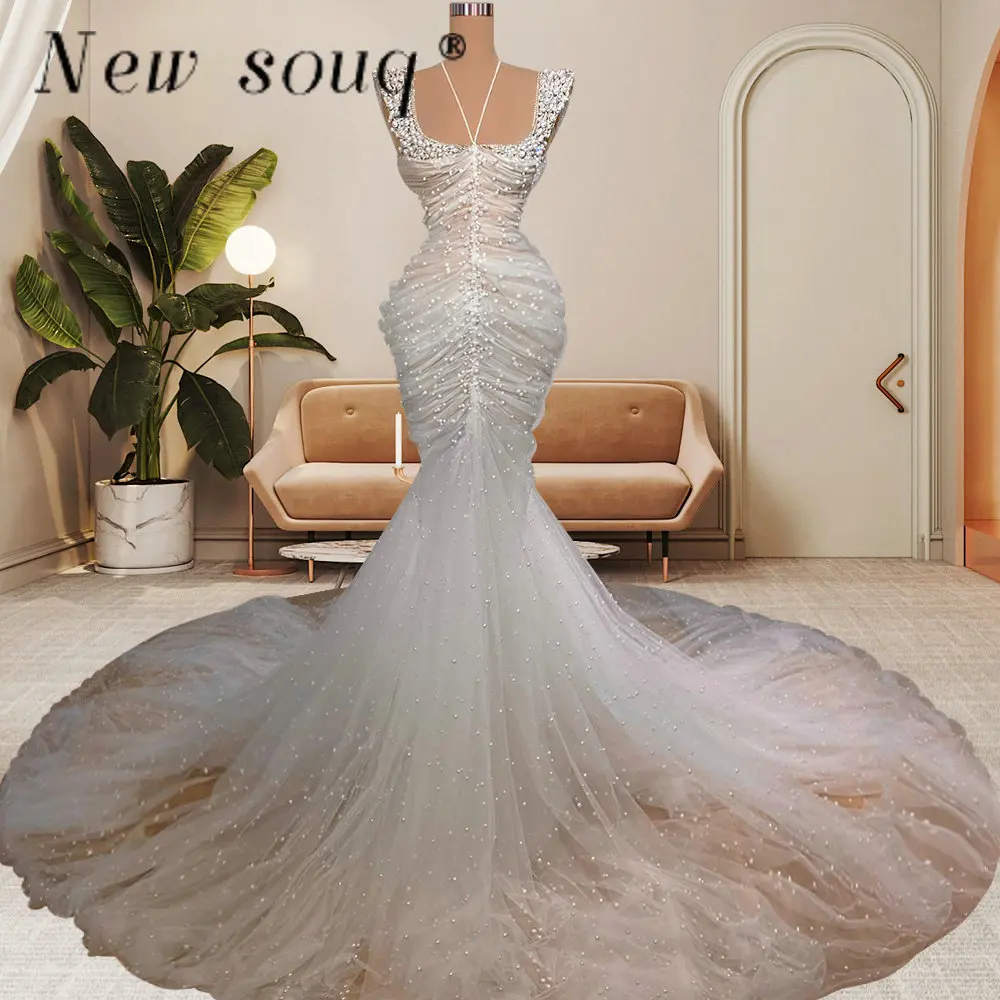 Sexy Pearls Long Mermaid Evening Dresses Pleated Tulle Party Dress with Big Train Special Occasion Sleeveless Dinner Prom Gowns
Sexy Pearls Long Mermaid Evening Dresses Pleated Tulle Party Dress with Big Train Special Occasion Sleeveless Dinner Prom Gowns