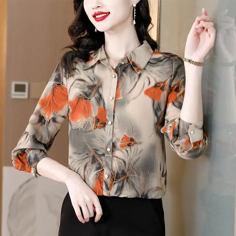 

High-end Especially Beautiful All Season Mulberry Silk Floral Print Lapel Sleeve Women Slim OL Workwear Top Shirt Blouse E212