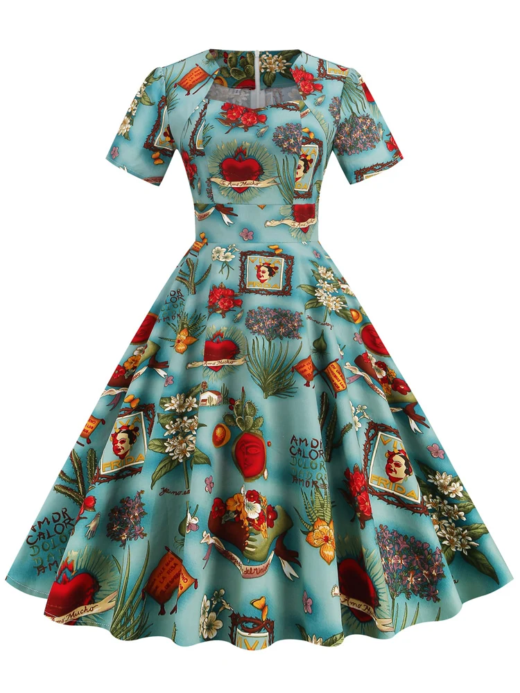 Elegant Short Sleeve 1950s Retro Dresses Clothes Women Multicolor Print Cotton Robe Femme Summer Vintage A-Line Long Swing Dress
Elegant Short Sleeve 1950s Retro Dresses Clothes Women Multicolor Print Cotton Robe Femme Summer Vintage A-Line Long Swing Dress