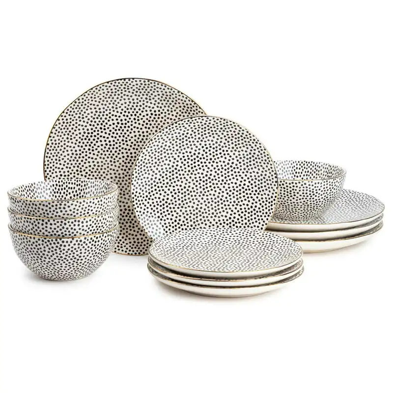 Dinnerware Black & White Dot Stoneware, 12 Piece Set Simple and Mordern Utensils For Kitchen
Dinnerware Black & White Dot Stoneware, 12 Piece Set Simple and Mordern Utensils For Kitchen
