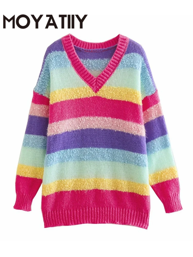 Женский зимний свитер MOYATIIY 2022, шикарный Радужный пуловер оверсайз, Свитера с V-образным вырезом, Женский вязаный джемпер, топы 
Женский зимний свитер MOYATIIY 2022, шикарный Радужный пуловер оверсайз, Свитера с V-образным вырезом, Женский вязаный джемпер, топы
