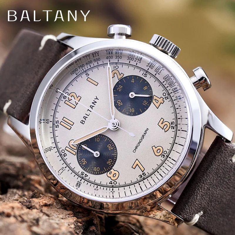 

Baltany 24 hours Vintage Chronograph Watch Sapphire VK64 39mm Stainless Steel Dial Leather Retro Multifunction Men's Watches