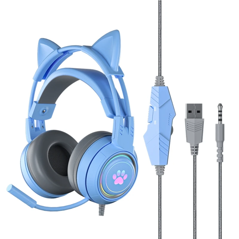 

Гарнитура «кошачьи уши» 3,5 мм, игровая гарнитура для ПК с микрофоном, съемные кошачьи уши, проводная USB-гарнитура для PS4/