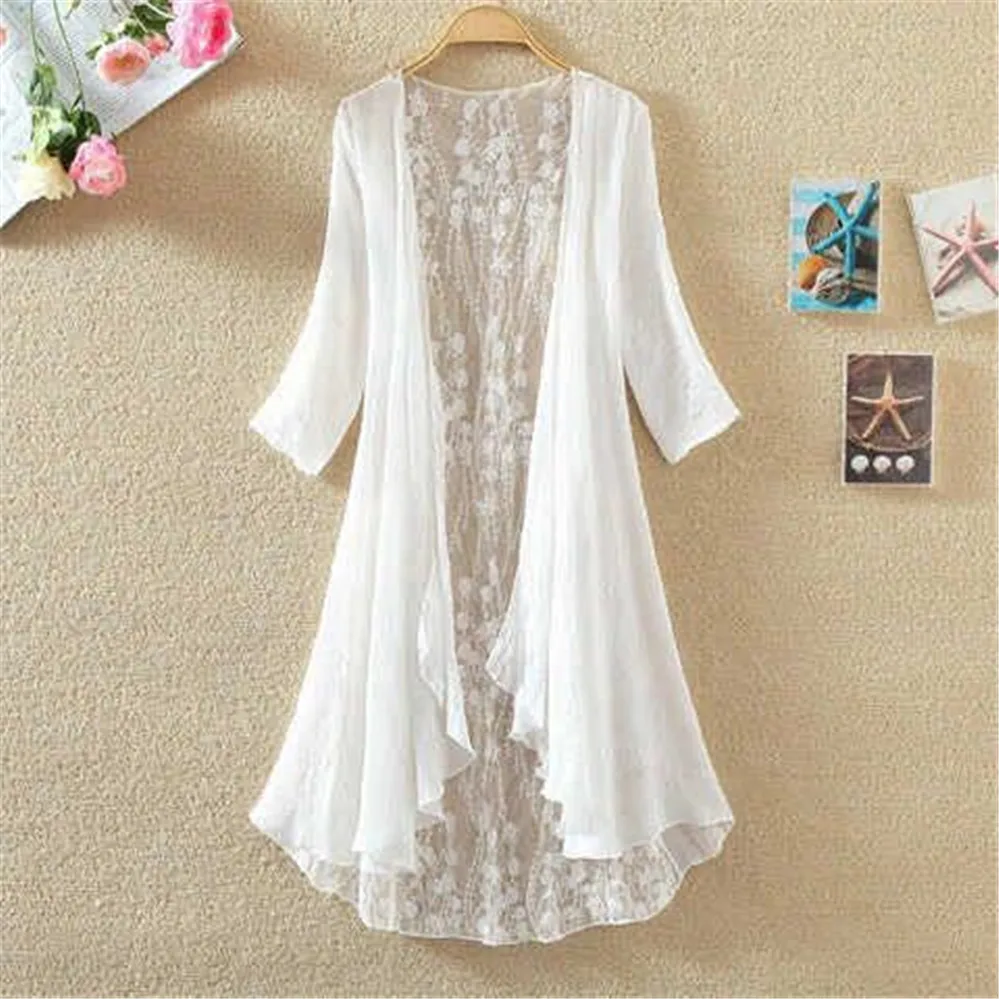 Women Kimono Cardigan Lace Long Shirt Ruffles Hollow Out Loose Ladies Cardigans Summer Shirts Female
Women Kimono Cardigan Lace Long Shirt Ruffles Hollow Out Loose Ladies Cardigans Summer Shirts Female