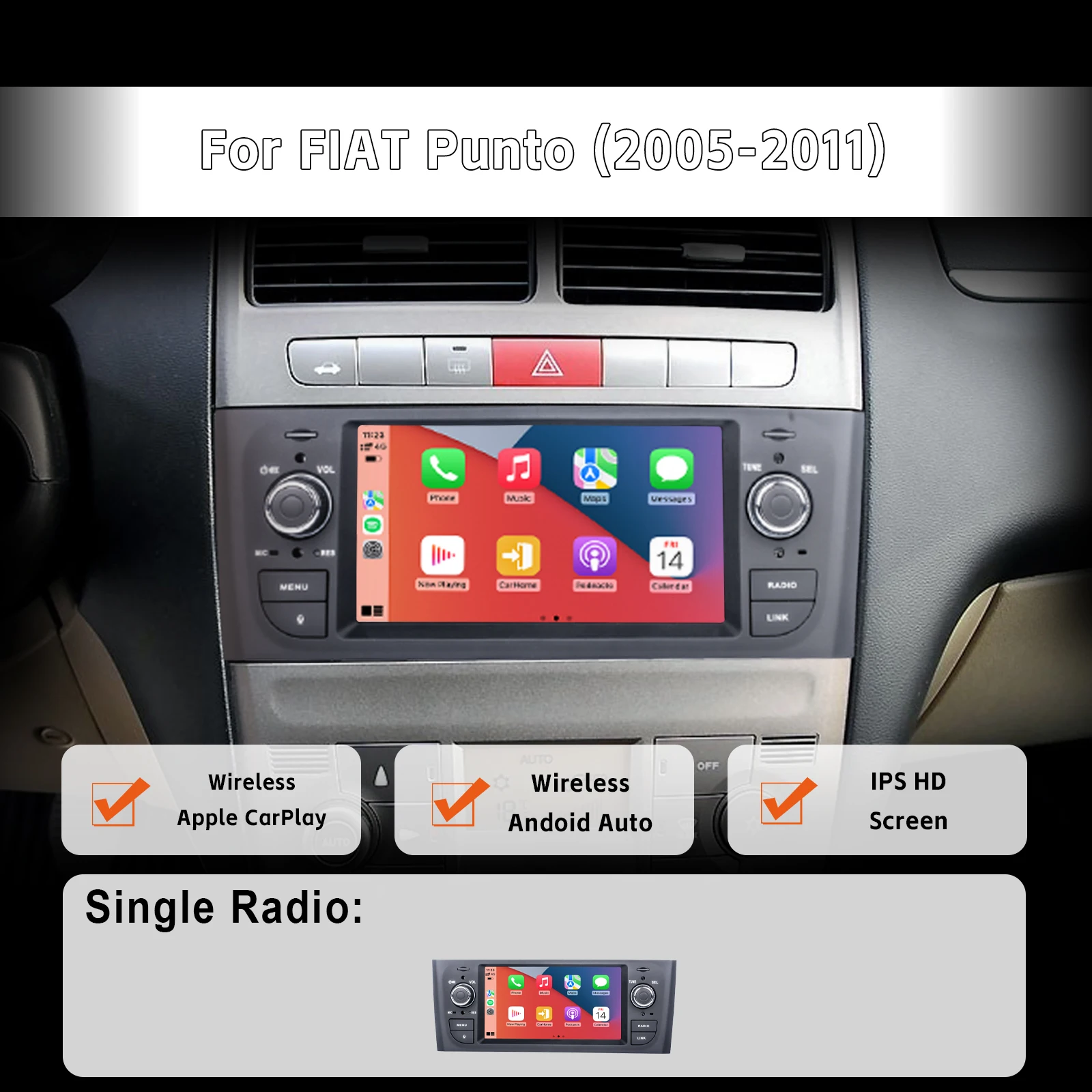 Автомагнитола с сенсорным экраном IPS и беспроводной камерой заднего вида Carplay Android Auto DAB+ BT DSP AHD для FIAT Punto 2005-2011
Автомагнитола с сенсорным экраном IPS и беспроводной камерой заднего вида Carplay Android Auto DAB+ BT DSP AHD для FIAT Punto 2005-2011